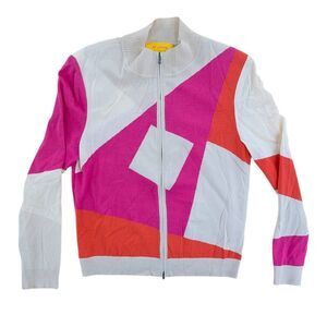 St. John Size Small Women's Geometric Full Zip Cardigan Beige Pink Orange READ!!